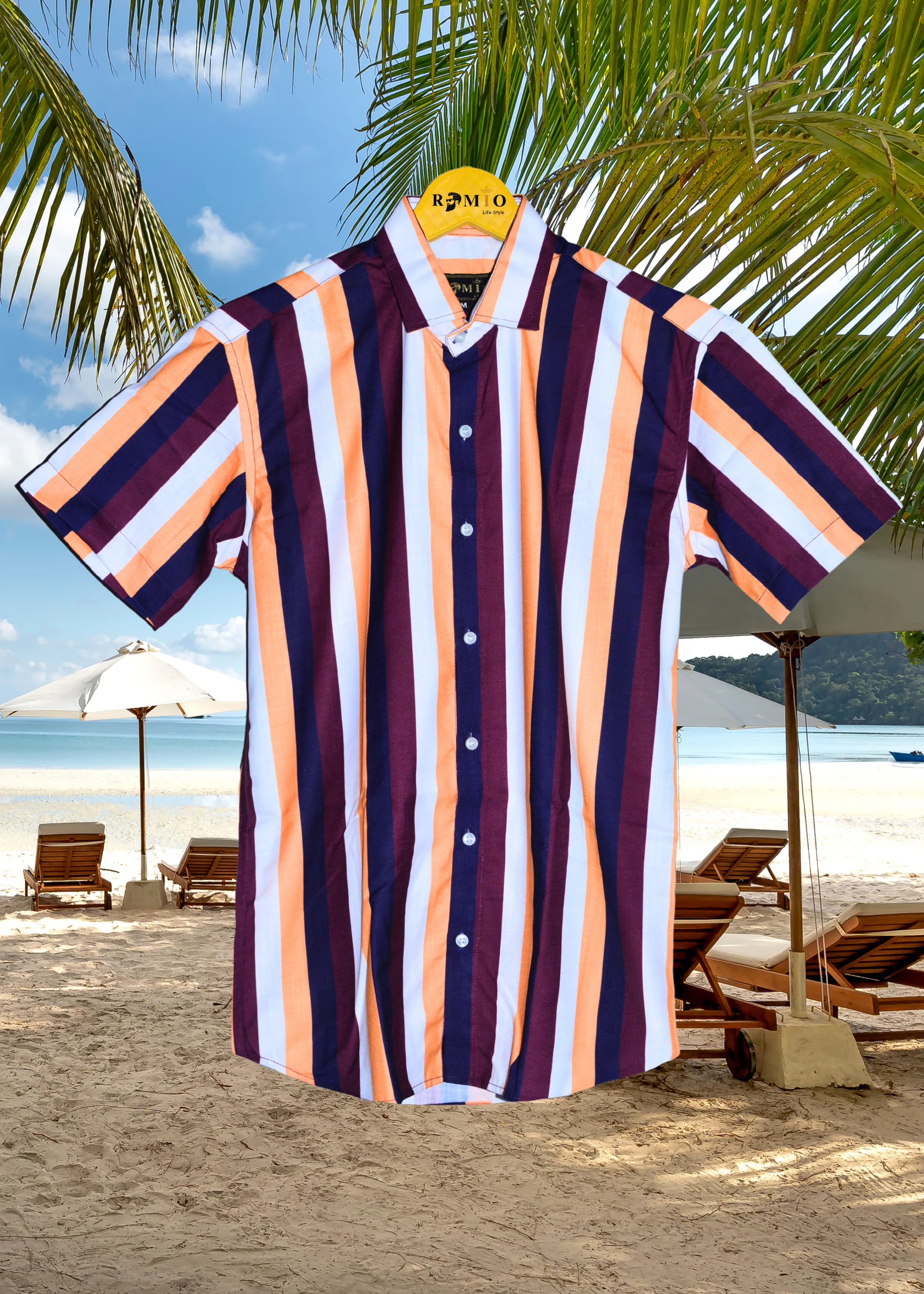 Navy Blue Stripe Printed Shirts Short sleeve (f33)