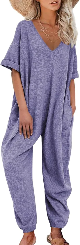 Nirovien Women's Solid Color V Neck Jumpsuits Casual Half Sleeve Long Rompers Beam Foot Baggy Overalls