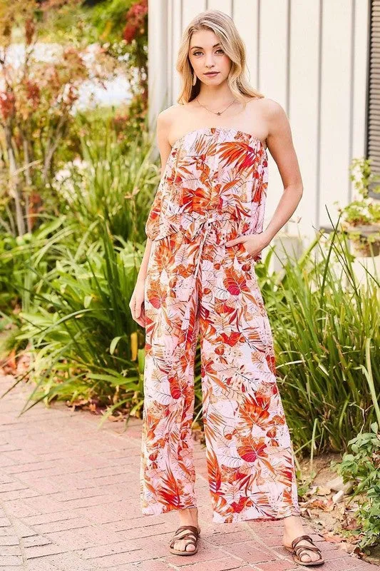 Orange Tropical Tube Top Tropical Print Jumpsuit