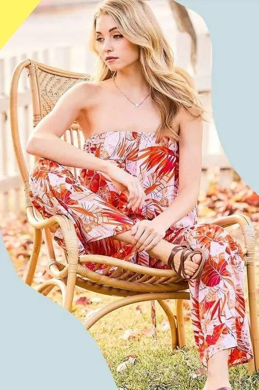 Orange Tropical Tube Top Tropical Print Jumpsuit