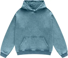 Oversized Denim Pullover Hoodie - Men's Vintage Sweatshirt with Acid Wash