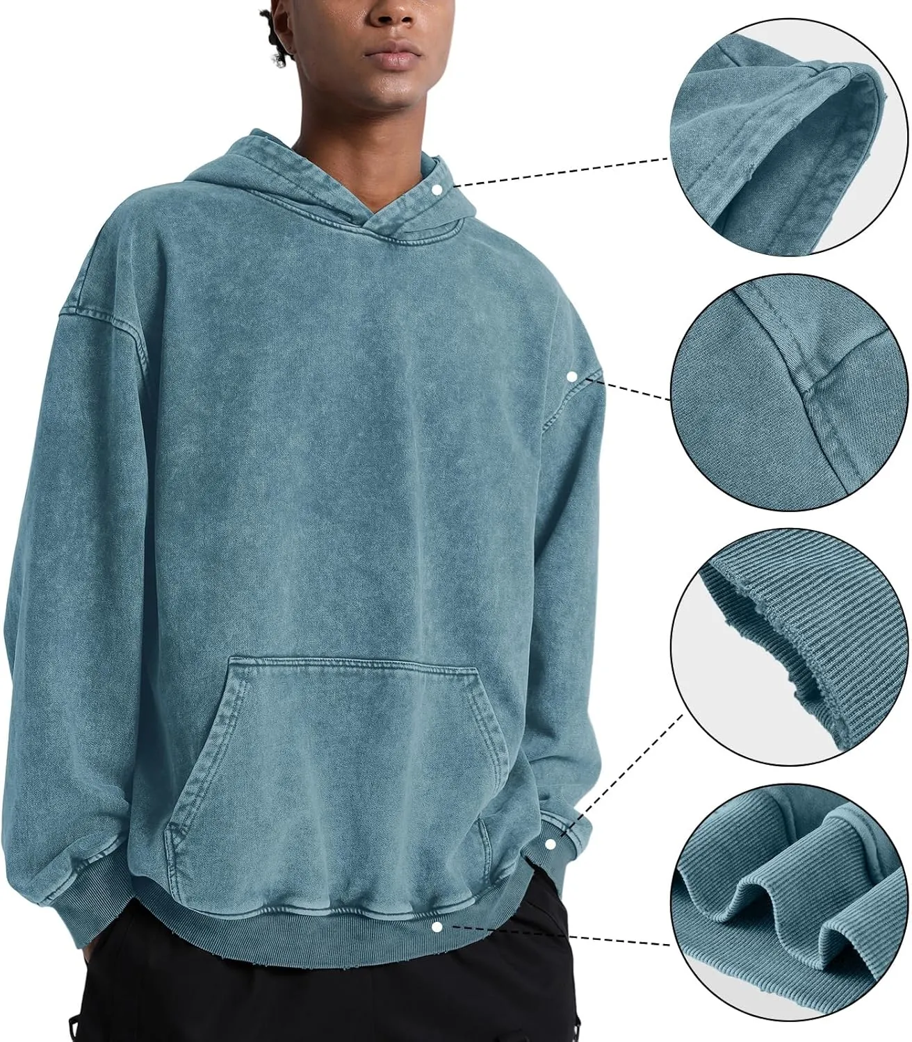 Oversized Denim Pullover Hoodie - Men's Vintage Sweatshirt with Acid Wash