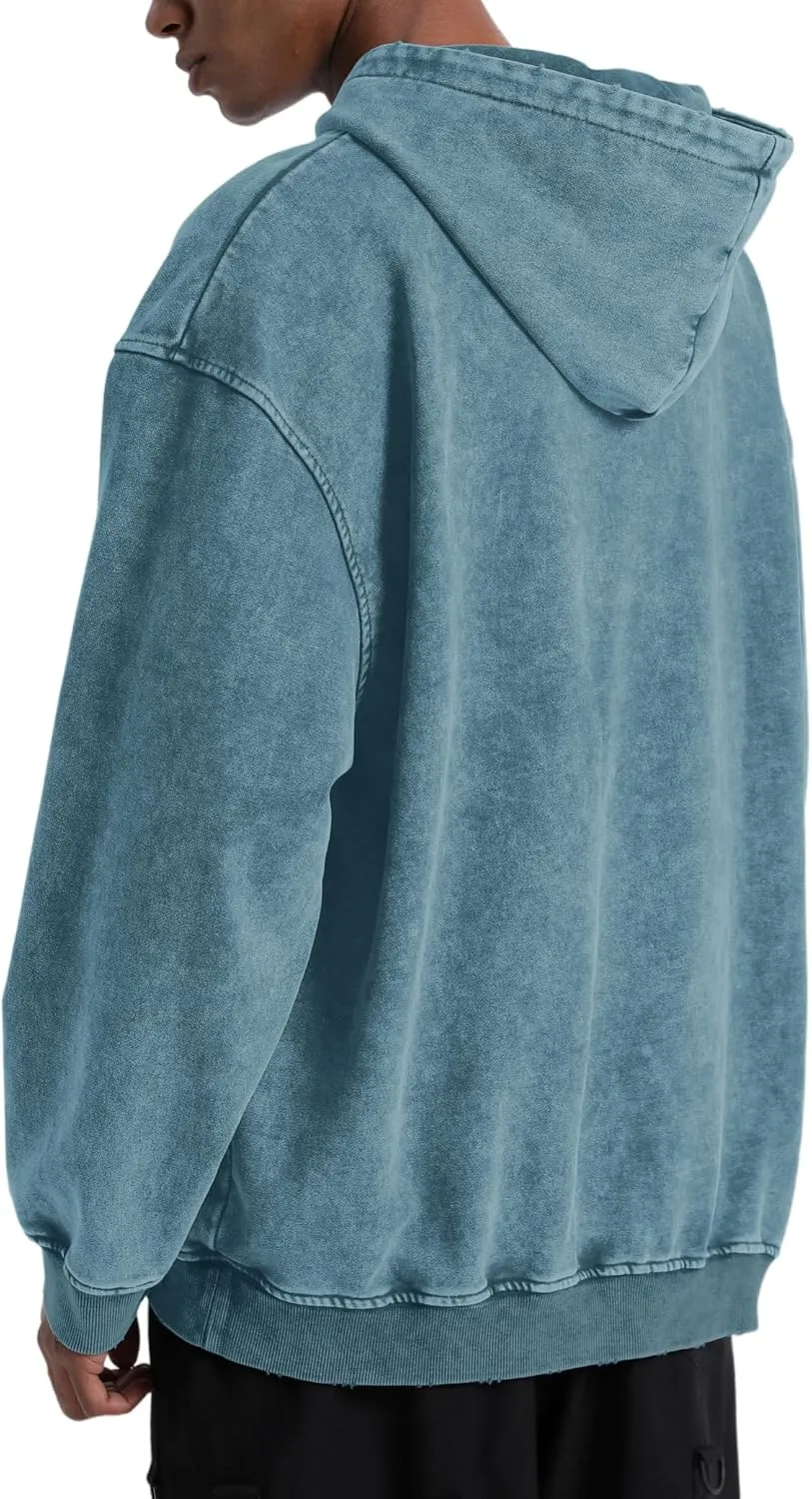 Oversized Denim Pullover Hoodie - Men's Vintage Sweatshirt with Acid Wash