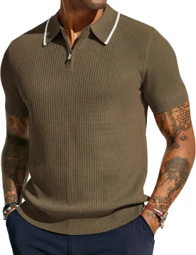 PJ PAUL JONES Men's Quarter Zip Polo Shirts Contrast Collar Knit Polo Shirt Short Sleeve Polos