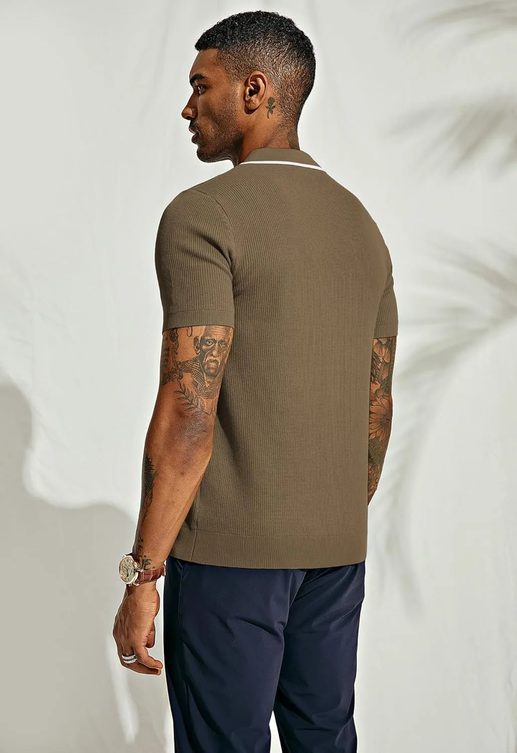 PJ PAUL JONES Men's Quarter Zip Polo Shirts Contrast Collar Knit Polo Shirt Short Sleeve Polos