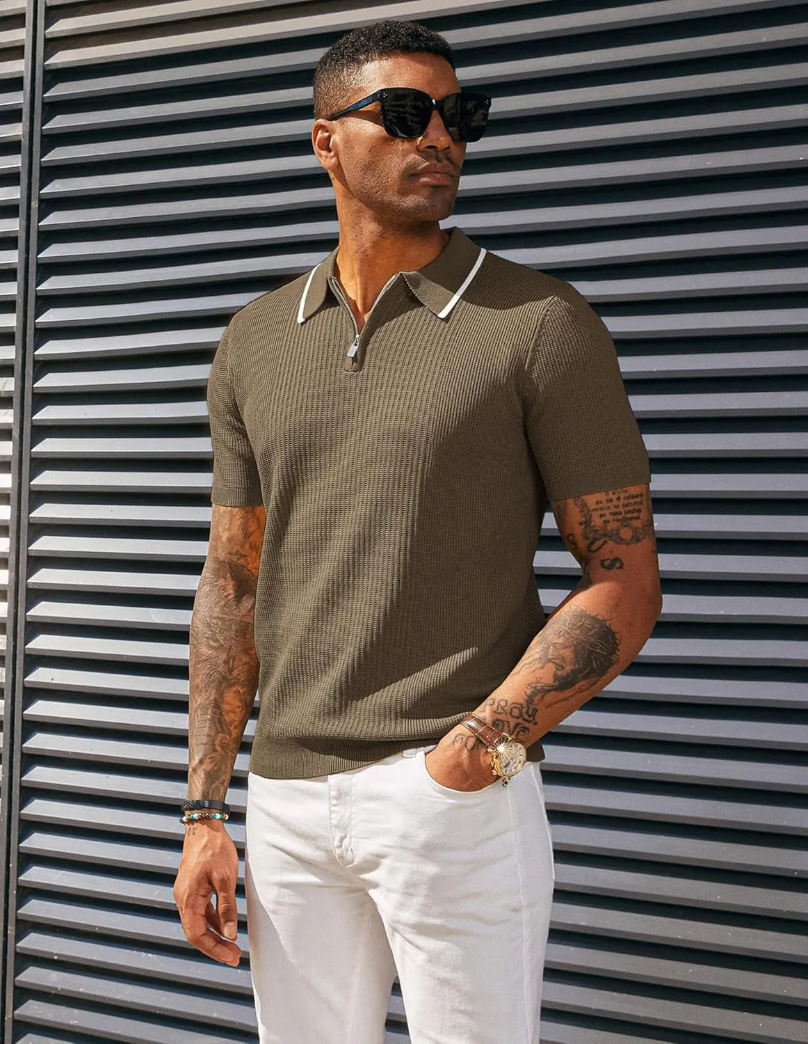 PJ PAUL JONES Men's Quarter Zip Polo Shirts Contrast Collar Knit Polo Shirt Short Sleeve Polos
