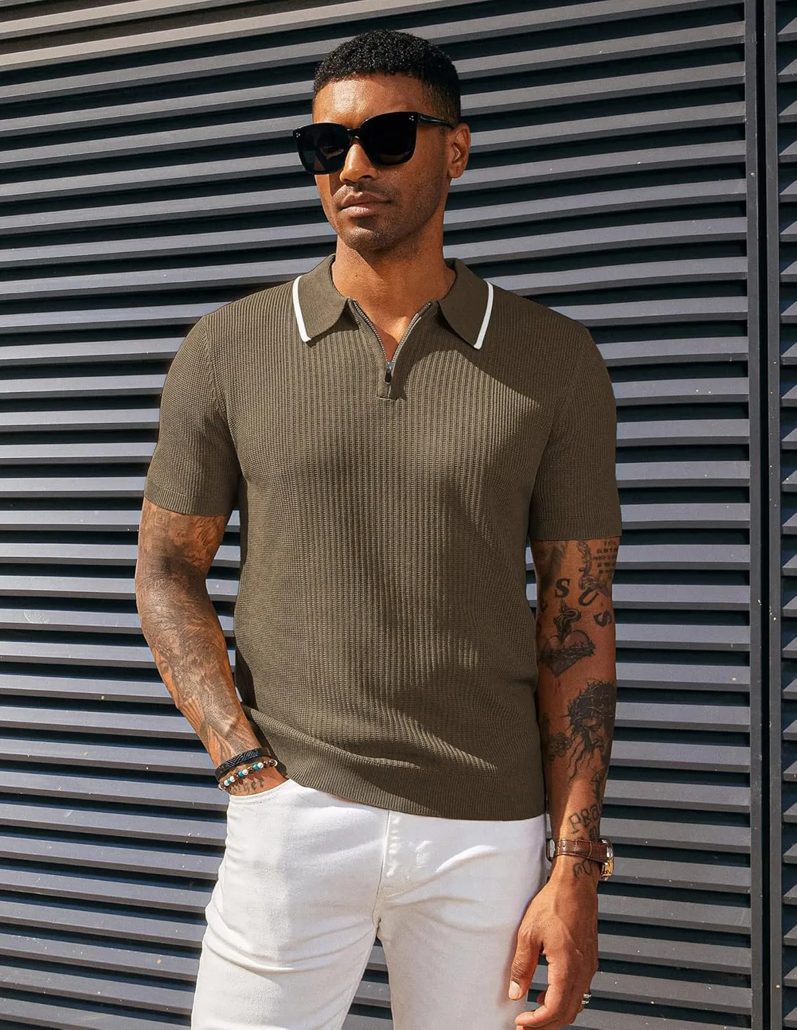 PJ PAUL JONES Men's Quarter Zip Polo Shirts Contrast Collar Knit Polo Shirt Short Sleeve Polos