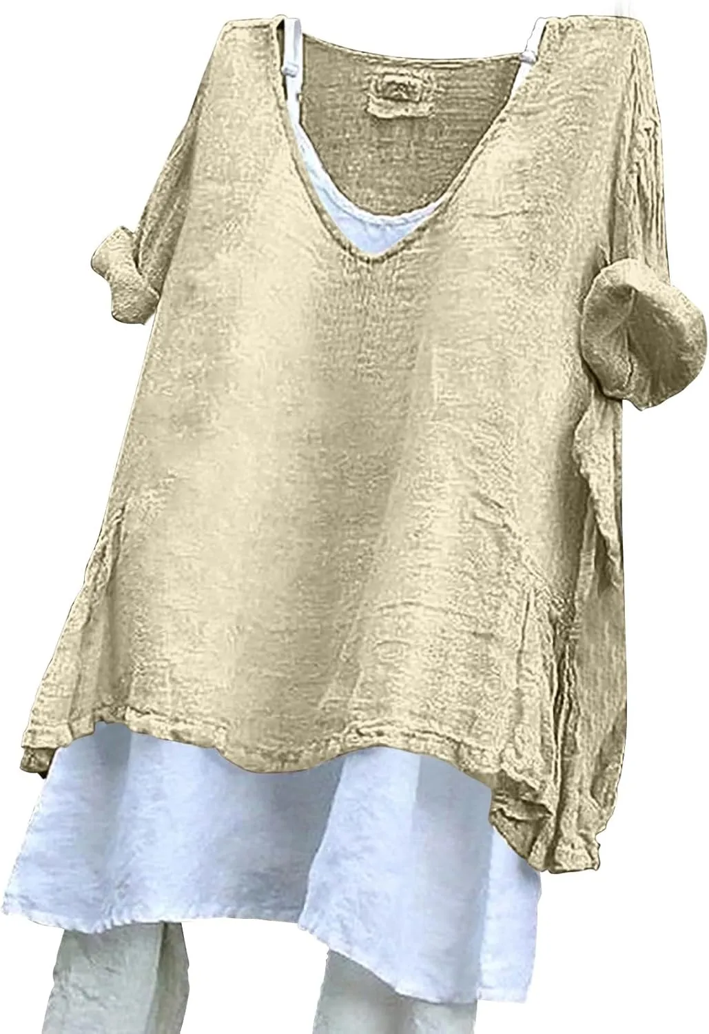 Plus Size Peasant Blouses for Women V Neck Casual Summer Linen Gauze Tops Lightweight Breathable Vacation Beach Shirts