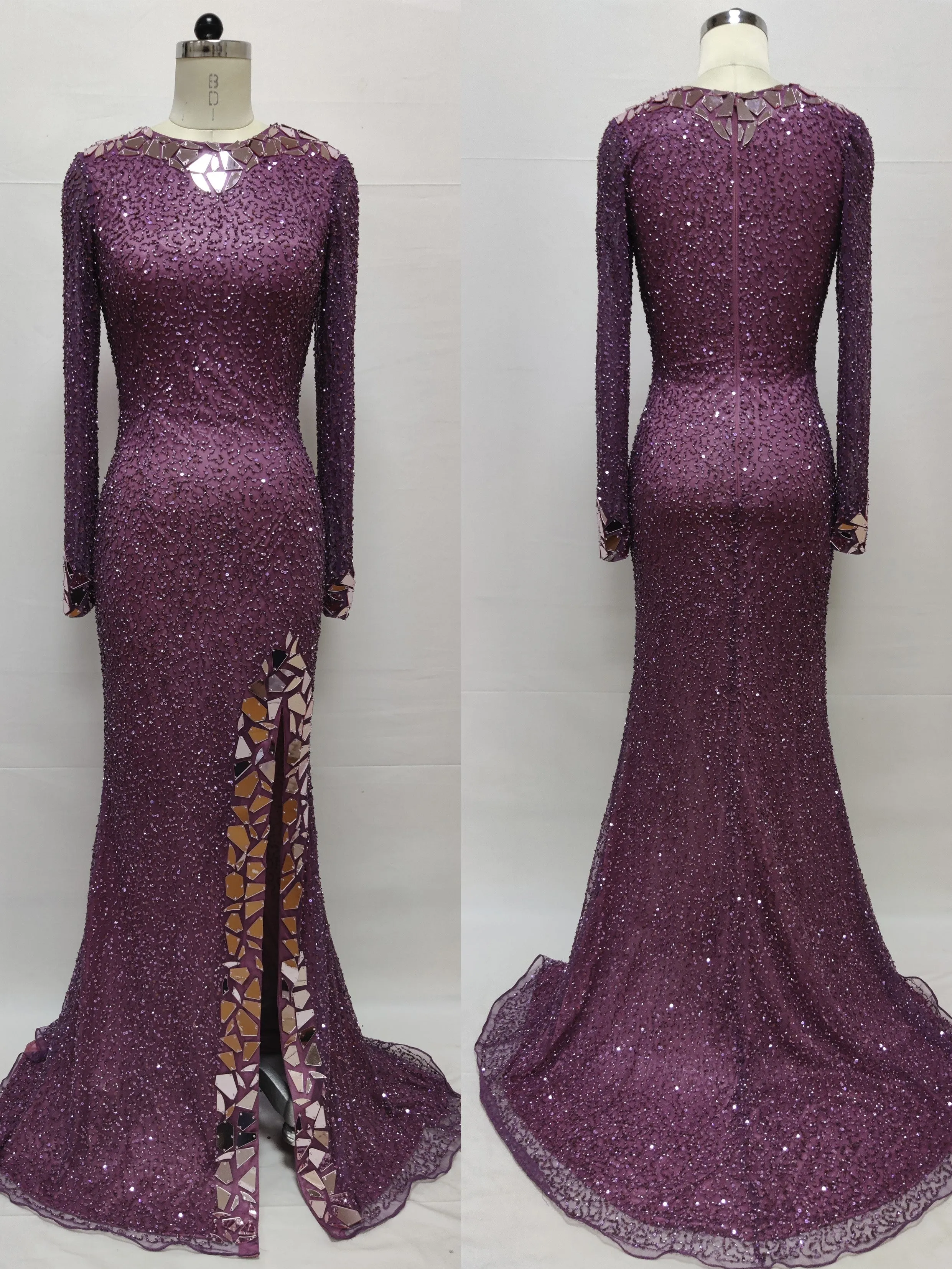 Primavera Couture 3614 sz 4 Ivory Long Sleeve Prom dress Fitted Formal Cut Glass Beaded Gown