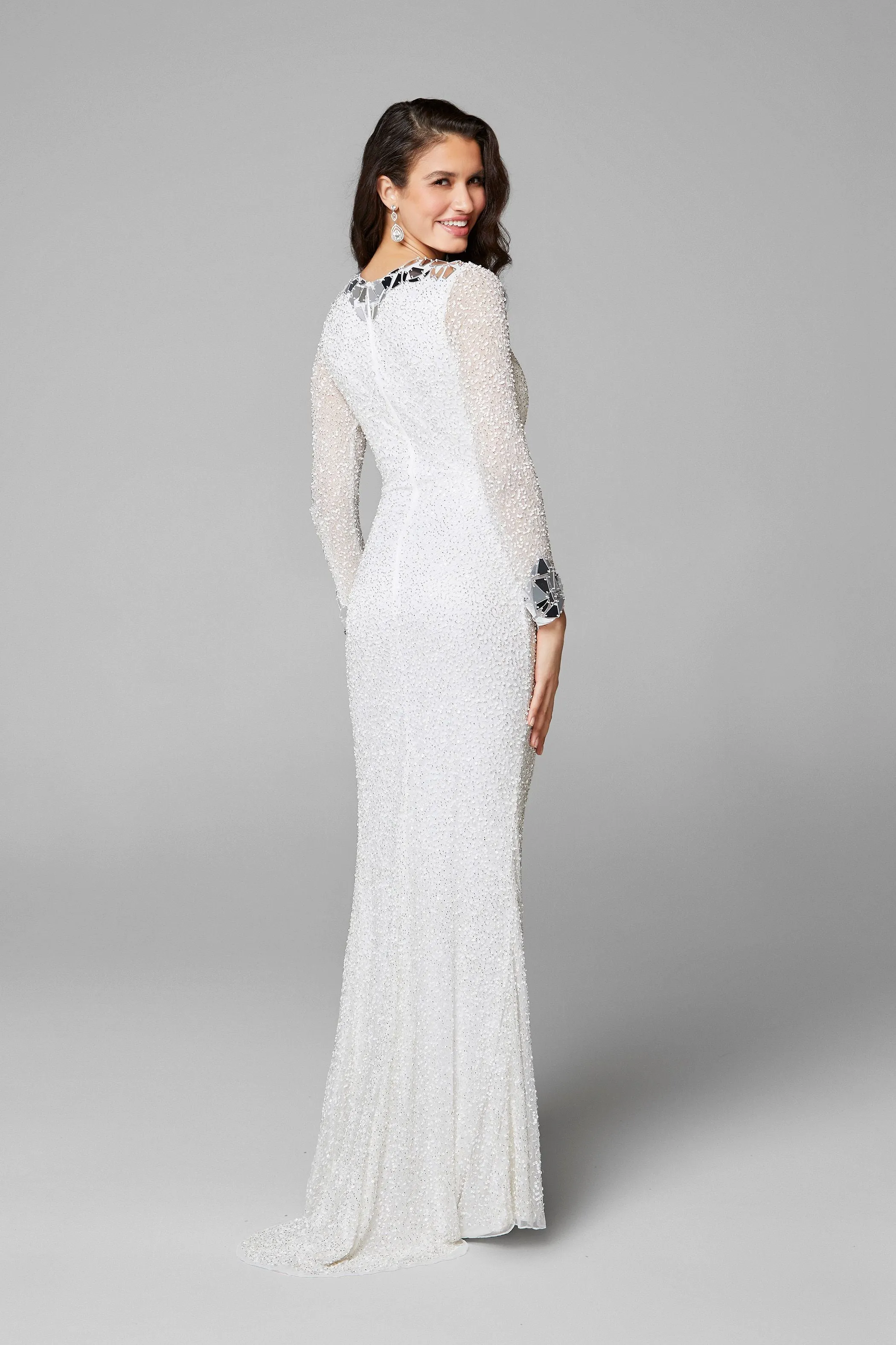 Primavera Couture 3614 sz 4 Ivory Long Sleeve Prom dress Fitted Formal Cut Glass Beaded Gown
