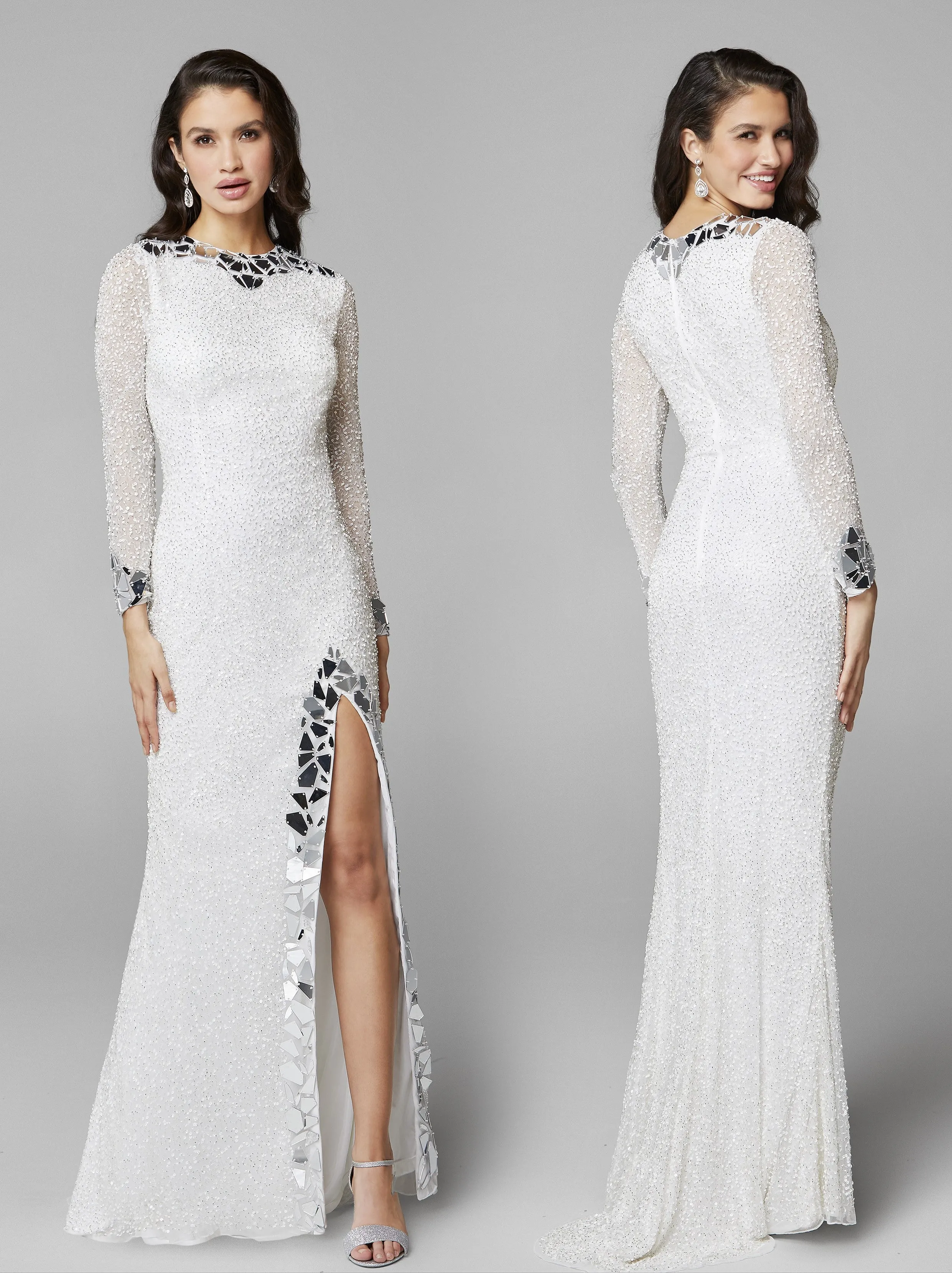 Primavera Couture 3614 sz 4 Ivory Long Sleeve Prom dress Fitted Formal Cut Glass Beaded Gown