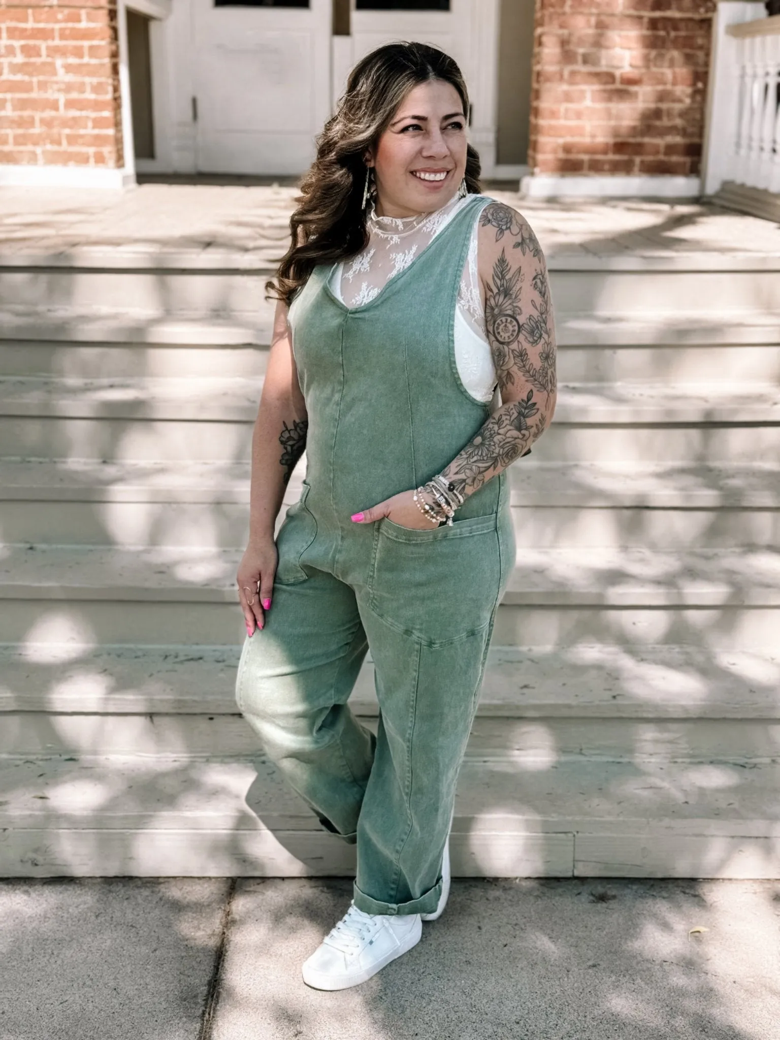 Rancher's Girl Casual Adjustable Strap Baggy Jumpsuit With Pocket's - Olive