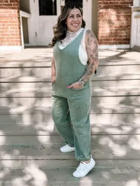 Rancher's Girl Casual Adjustable Strap Baggy Jumpsuit With Pocket's - Olive