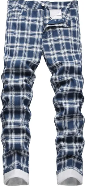 RANMCC Plaid Pants for Men Skinny Flat-Front Stretch Slim Casual Business Dress Pants