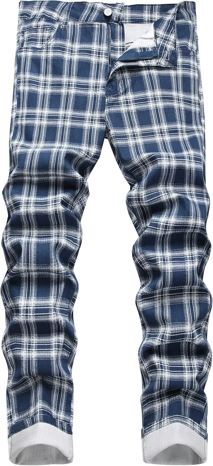 RANMCC Plaid Pants for Men Skinny Flat-Front Stretch Slim Casual Business Dress Pants