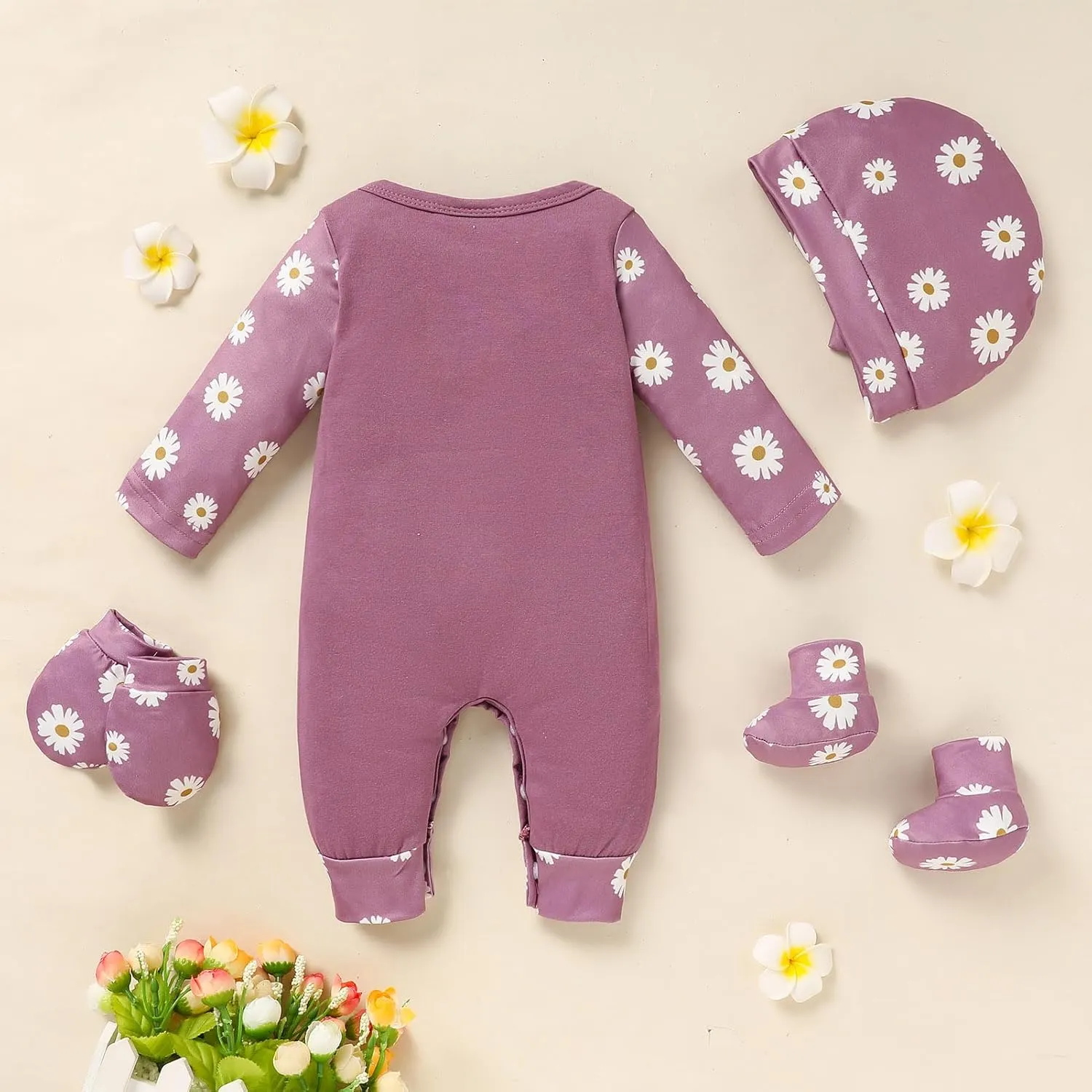 Sinhoon Newborn Baby Girl Romper Infant Letter Print Bodysuit Jumpsuit Hat Gloves Socks 4Pcs Coming Home Clothes Outfit