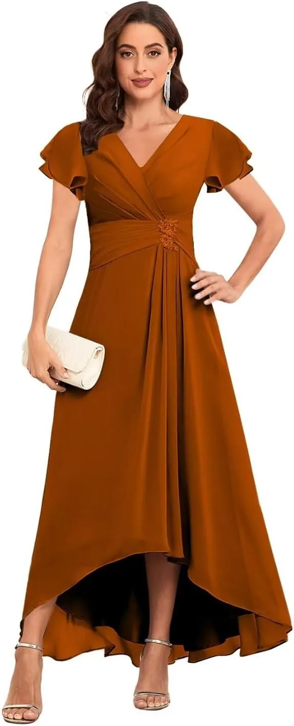 Tea Length Mother of The Bride Dresses Chiffon Lace Appliques V Neck Formal Dresses with Sleeves