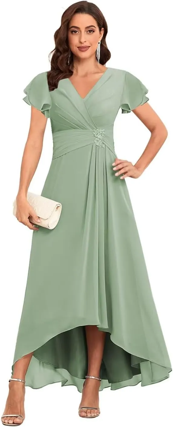 Tea Length Mother of The Bride Dresses Chiffon Lace Appliques V Neck Formal Dresses with Sleeves