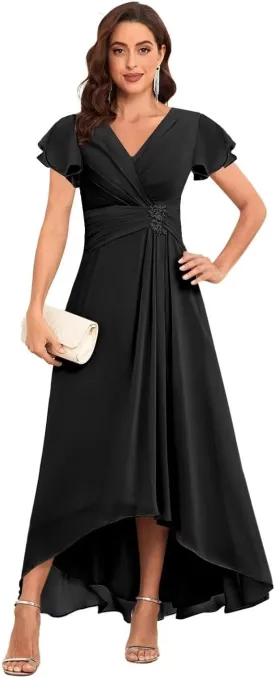 Tea Length Mother of The Bride Dresses Chiffon Lace Appliques V Neck Formal Dresses with Sleeves