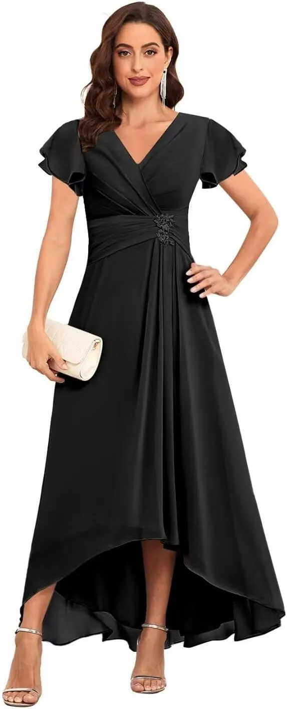 Tea Length Mother of The Bride Dresses Chiffon Lace Appliques V Neck Formal Dresses with Sleeves