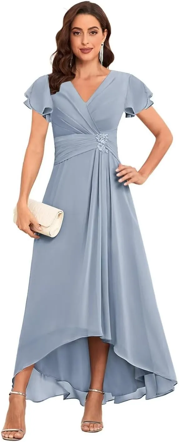 Tea Length Mother of The Bride Dresses Chiffon Lace Appliques V Neck Formal Dresses with Sleeves