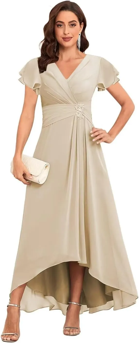 Tea Length Mother of The Bride Dresses Chiffon Lace Appliques V Neck Formal Dresses with Sleeves