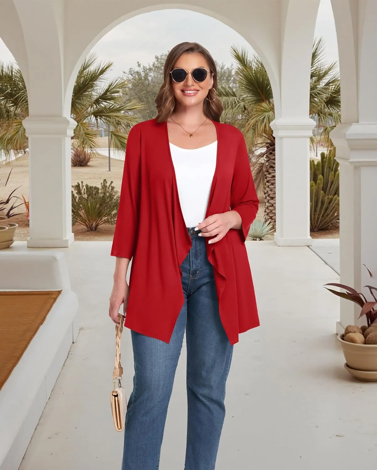 TIANZHU Women Cardigan Lightweight 3/4 Sleeve Casual Open Front Light Cardigan Drape Duster Sweaters