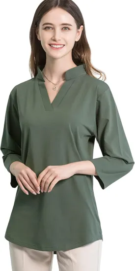 Tie G U Style Women's 3/4 Sleeve V Neck Stretch Loose Tunic Tops Casual Cotton Blouse Henley Collared Breathable Work Shirt