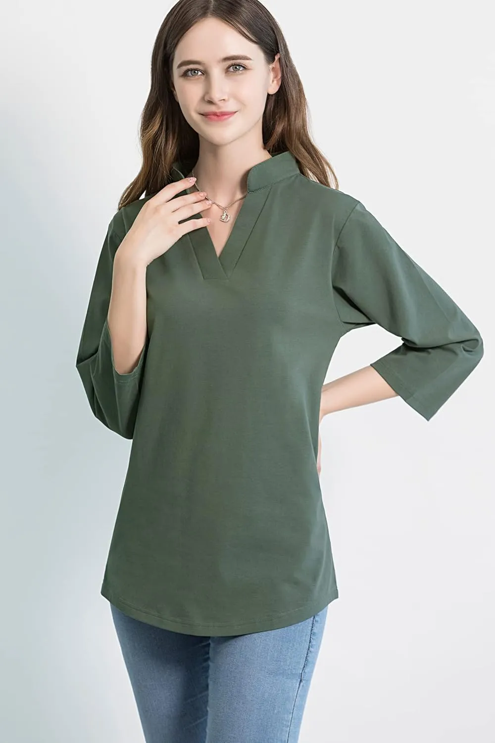 Tie G U Style Women's 3/4 Sleeve V Neck Stretch Loose Tunic Tops Casual Cotton Blouse Henley Collared Breathable Work Shirt