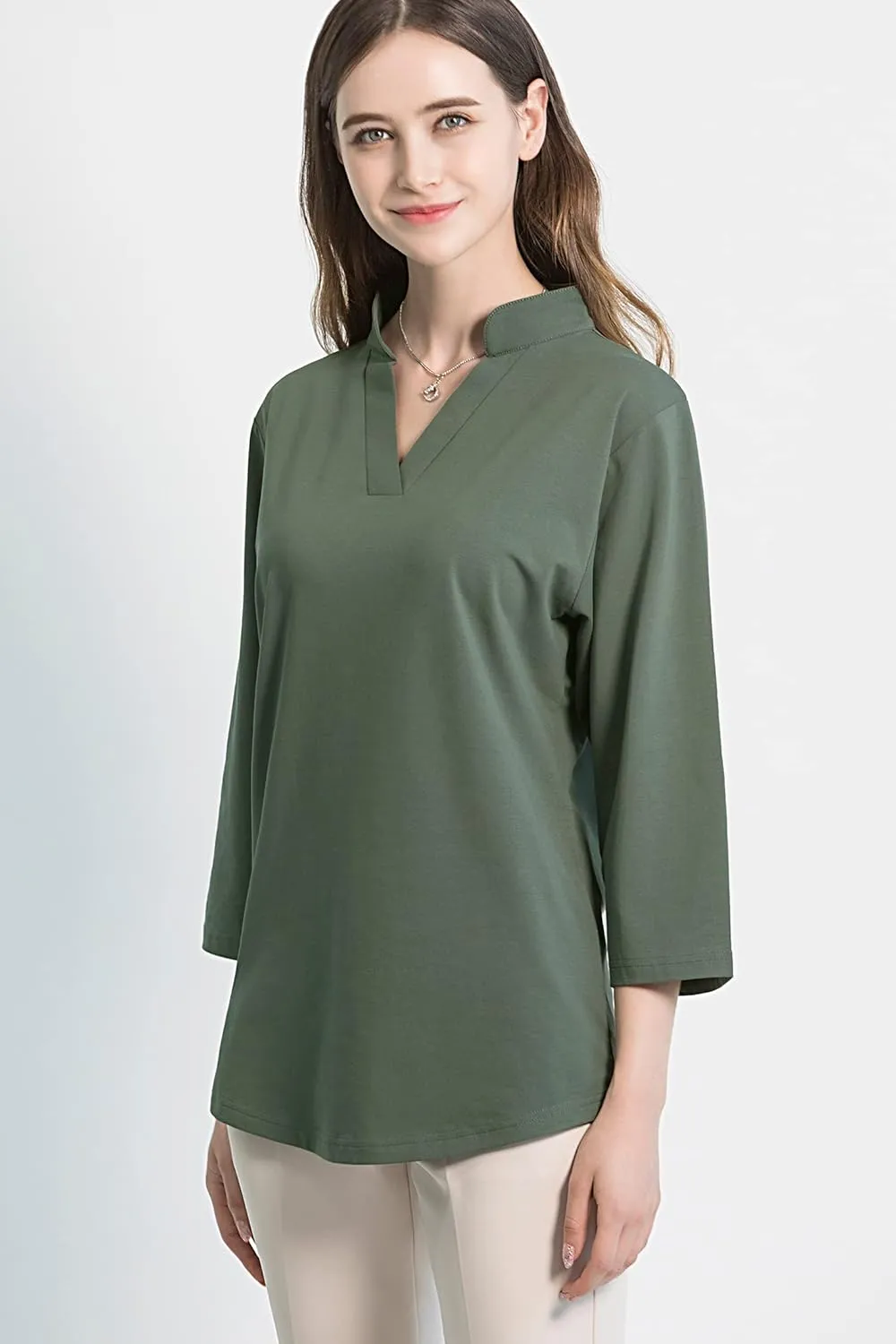 Tie G U Style Women's 3/4 Sleeve V Neck Stretch Loose Tunic Tops Casual Cotton Blouse Henley Collared Breathable Work Shirt