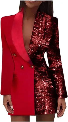 Trendy Sequin Blazer for Women Buttons Jackets Dress Casual Long Sleeve Lapel Blazers Outerwear with Pocket