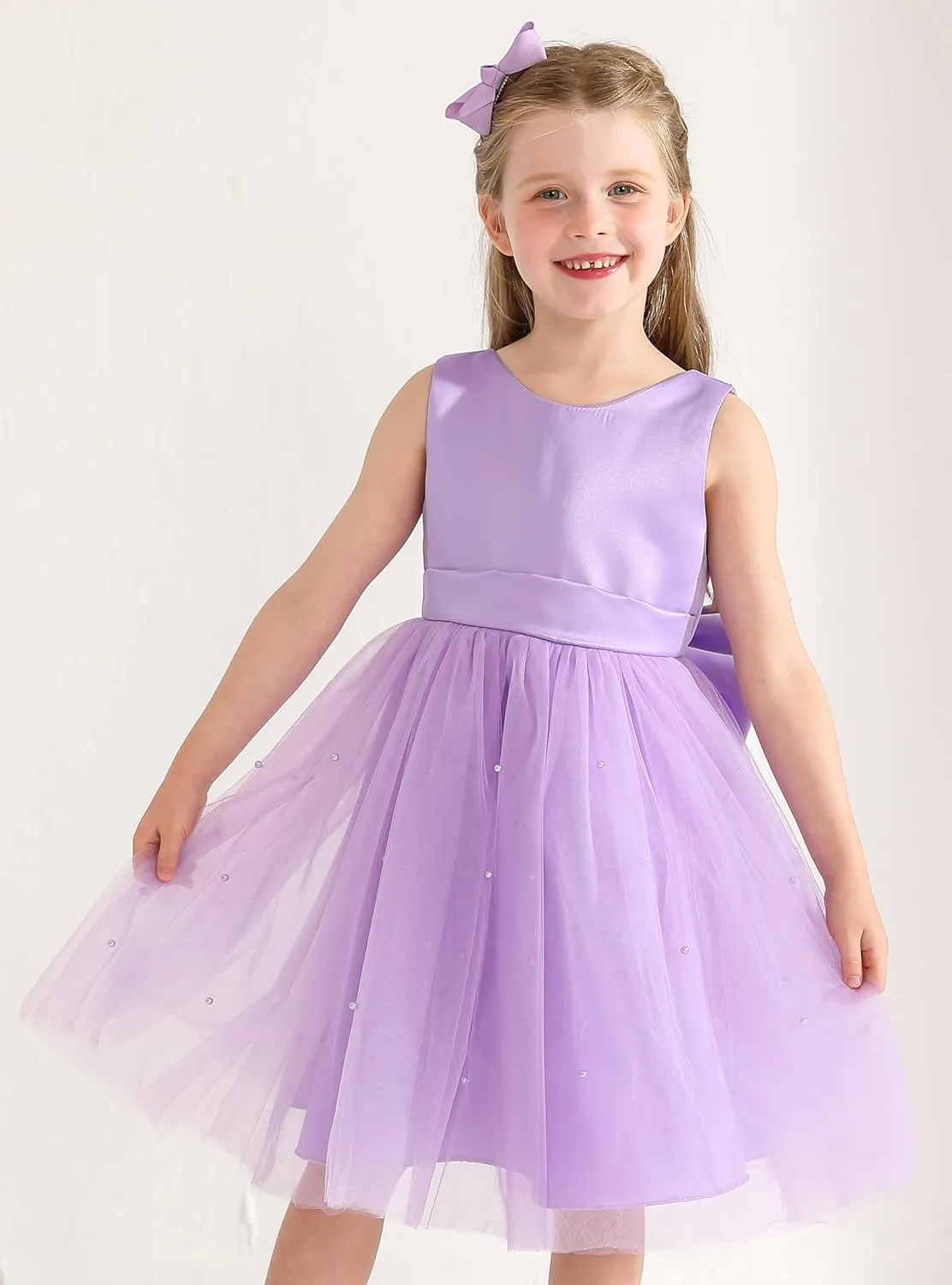 Uhnice Flower Girl Dress Satin Ball Gown for Wedding Party with Bowknot