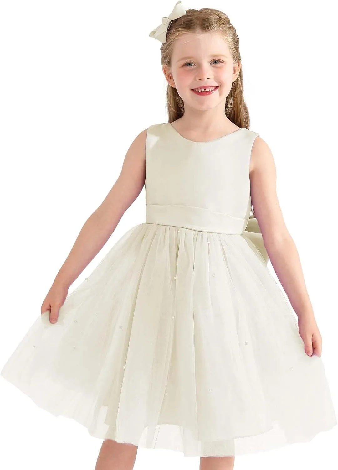 Uhnice Flower Girl Dress Satin Ball Gown for Wedding Party with Bowknot