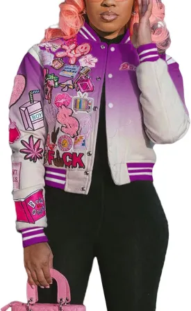 Varsity Jacket Women Print Vintage Patches Letterman Cropped Bomber Jacket Lightweight Dressy Cute Coat