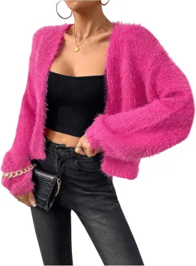 Verdusa Women's Fuzzy Crop Cardigan Long Sleeve Open Front Sweater Shrug Cardigan