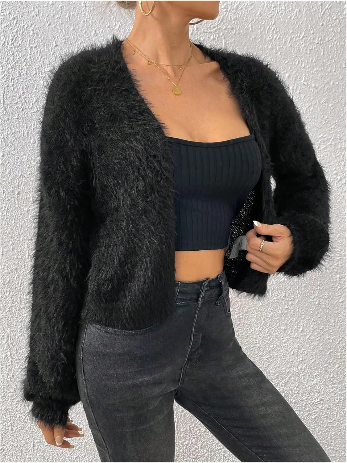 Verdusa Women's Fuzzy Crop Cardigan Long Sleeve Open Front Sweater Shrug Cardigan