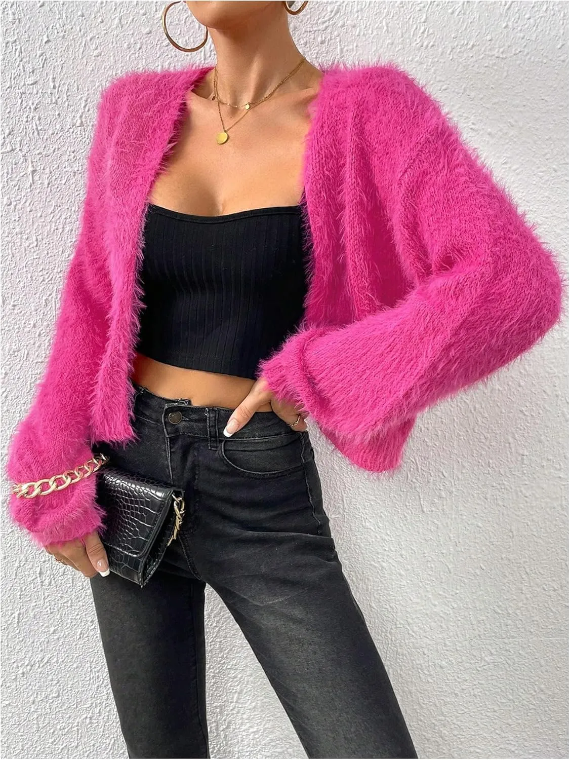 Verdusa Women's Fuzzy Crop Cardigan Long Sleeve Open Front Sweater Shrug Cardigan