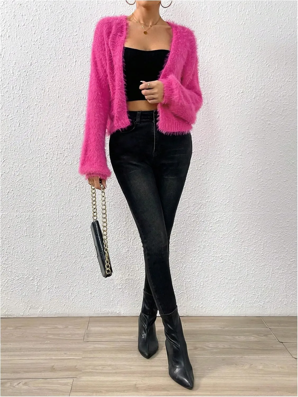 Verdusa Women's Fuzzy Crop Cardigan Long Sleeve Open Front Sweater Shrug Cardigan