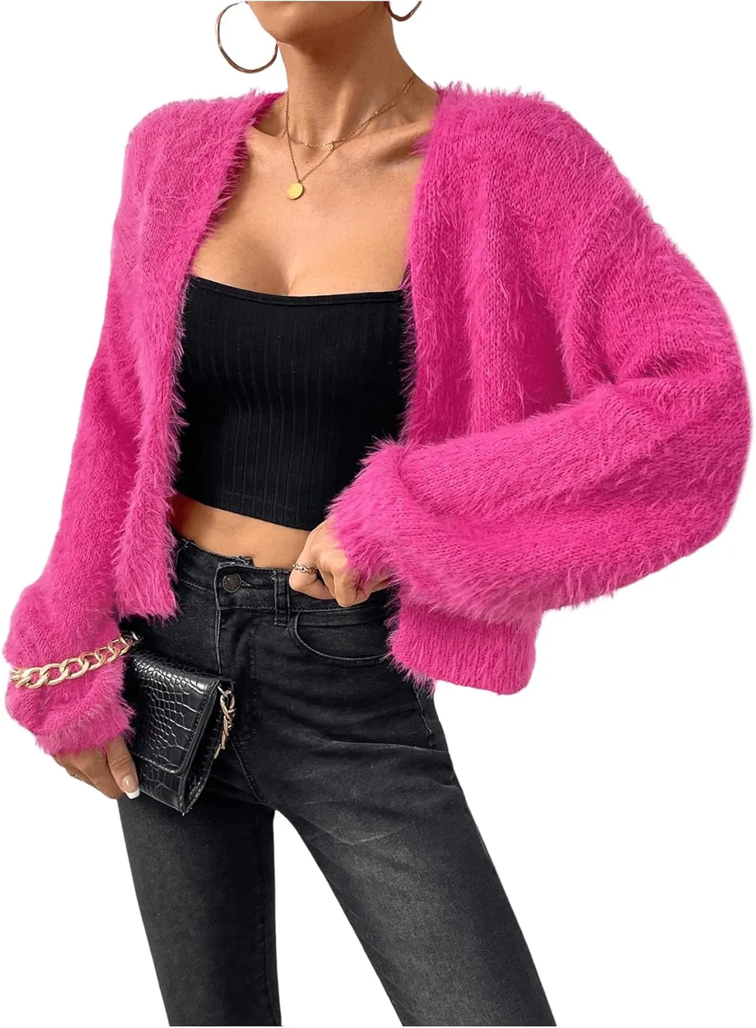 Verdusa Women's Fuzzy Crop Cardigan Long Sleeve Open Front Sweater Shrug Cardigan
