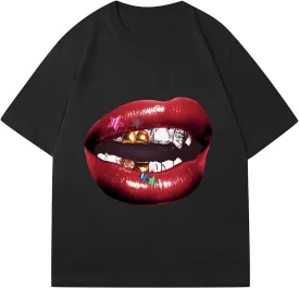 Verdusa Women's Lips Print Graphic Tees Y2k T Shirts Summer Crew Neck Vintage Going Out Tops