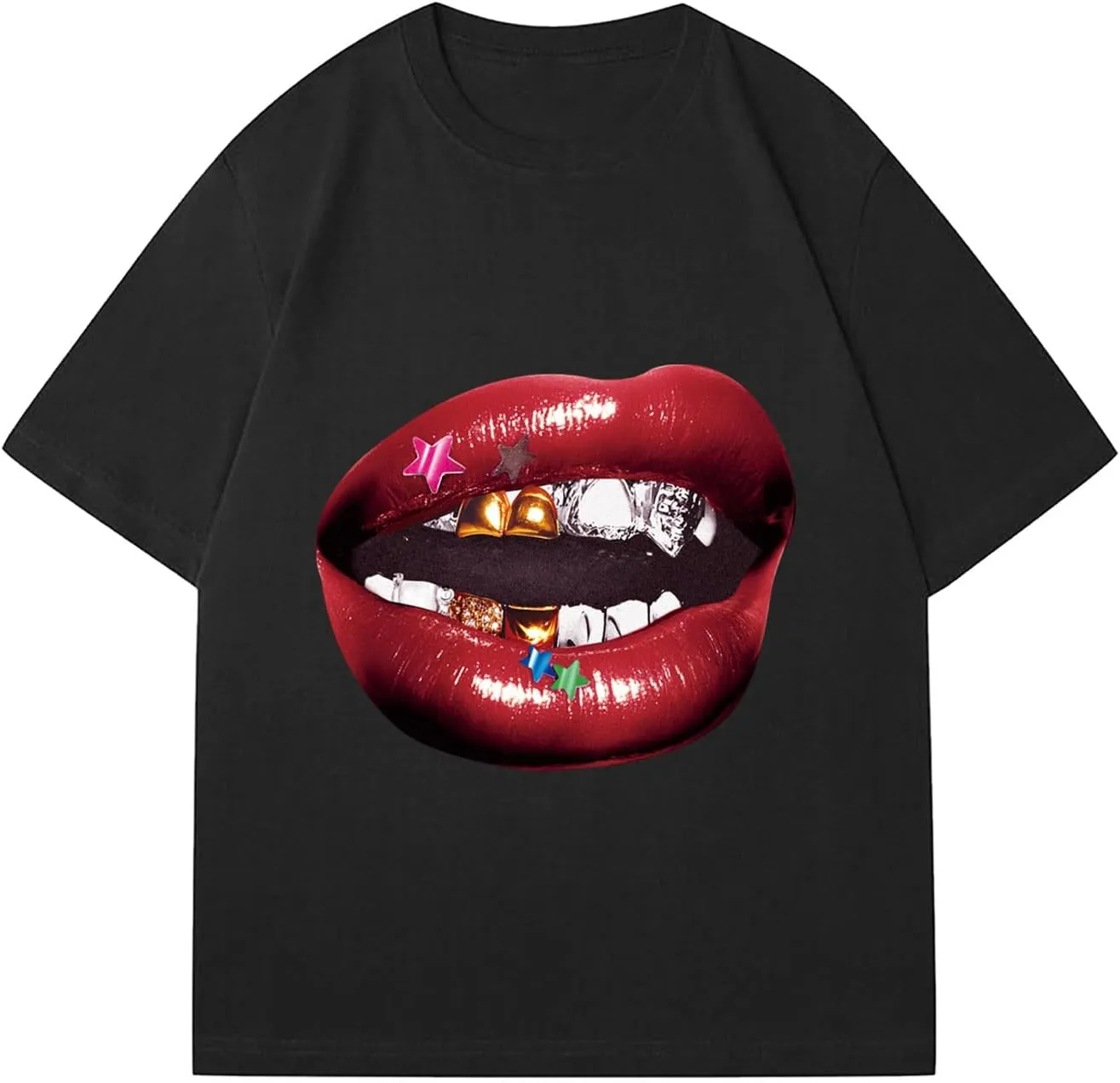 Verdusa Women's Lips Print Graphic Tees Y2k T Shirts Summer Crew Neck Vintage Going Out Tops