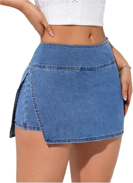 Verdusa Women's Slit Wrap Bodycon Denim Skirt Asymmetrical Mini Jean Skort