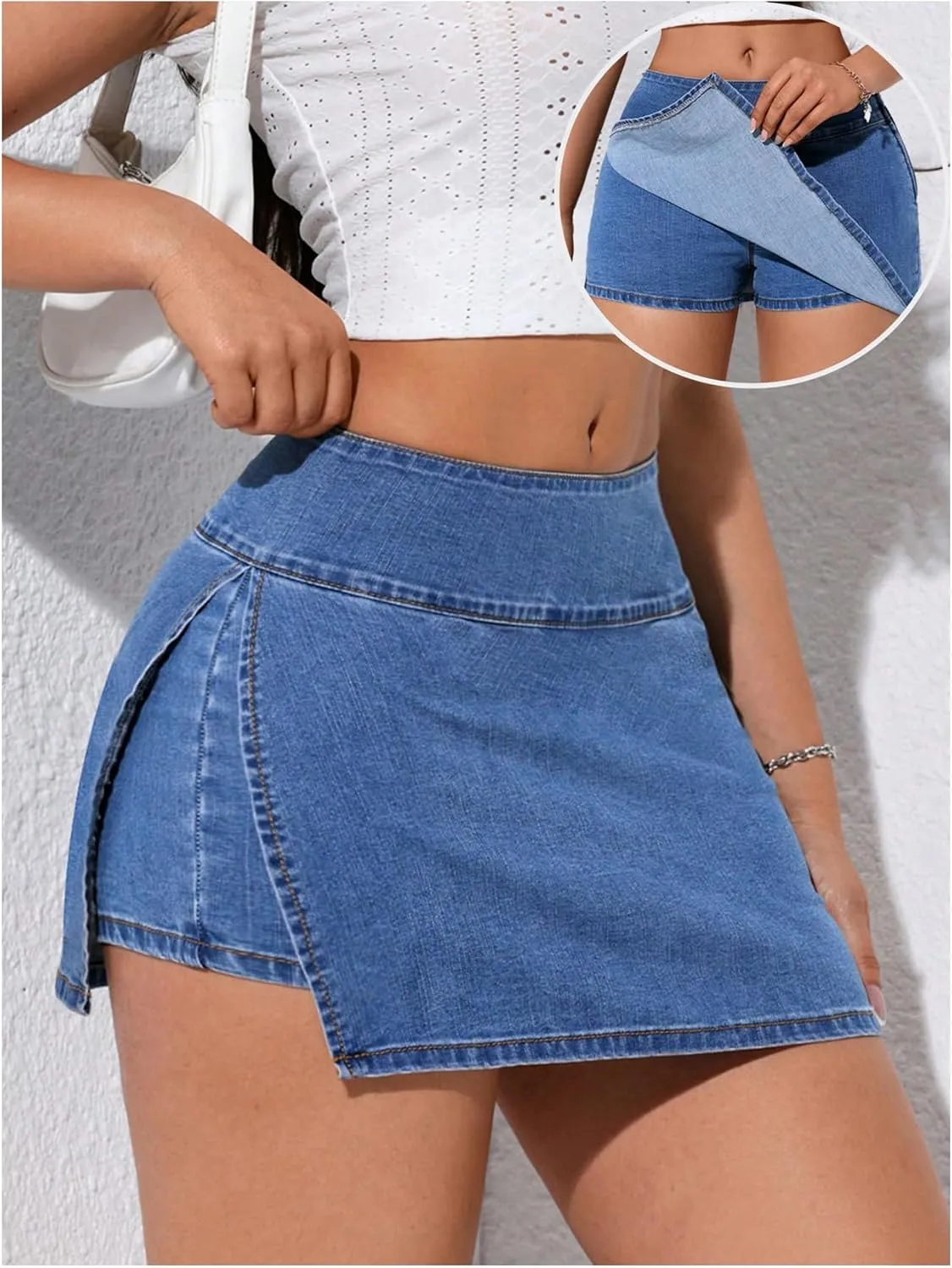 Verdusa Women's Slit Wrap Bodycon Denim Skirt Asymmetrical Mini Jean Skort