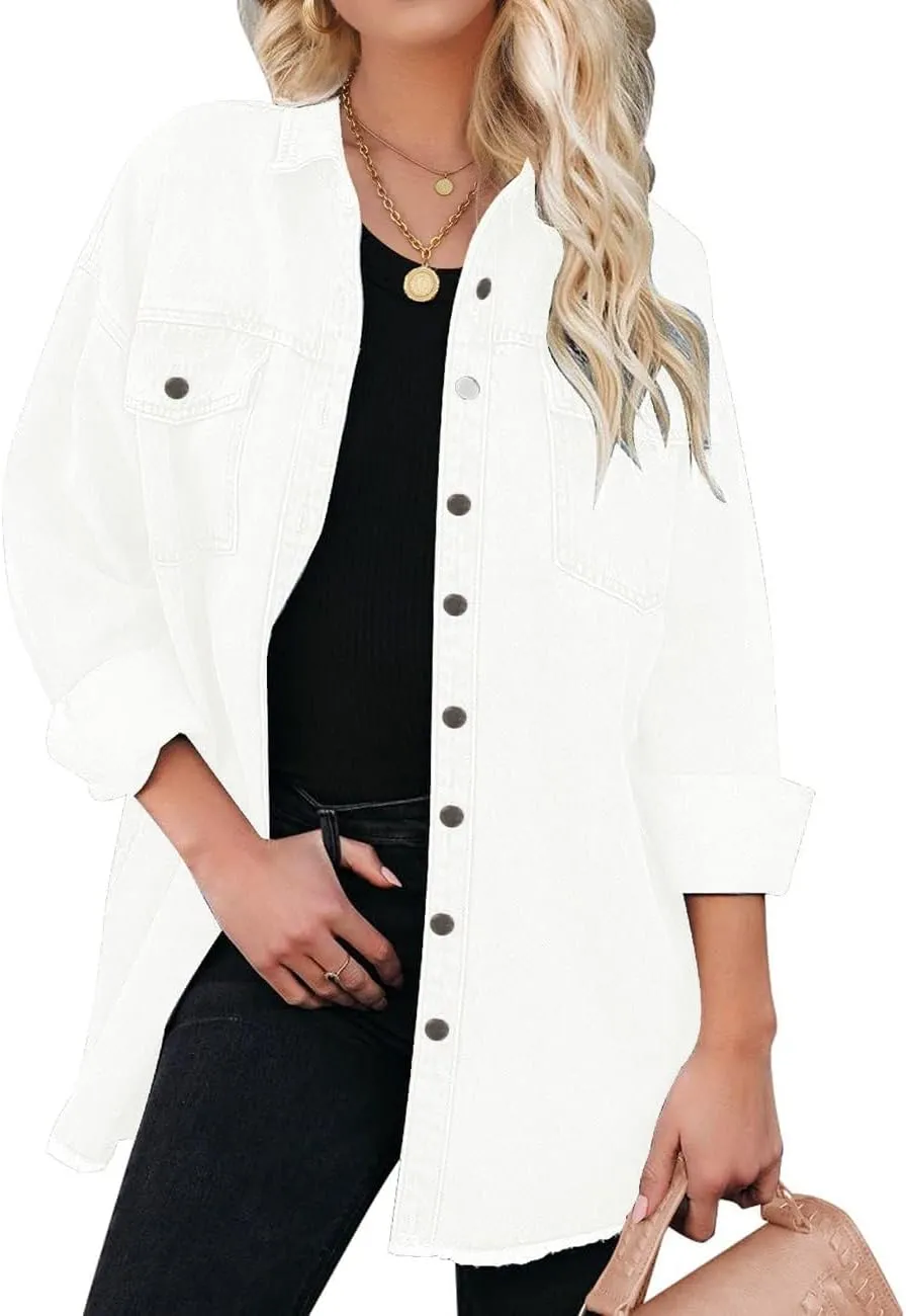 Vetinee Womens Oversized Button Up Frayed Hem Shacket Long Sleeve Pockets Denim Jean Jacket