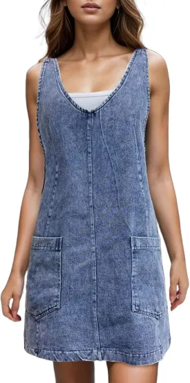 Viatabuna Denim Overall Dress for Women Sleeveless V Neck Adjustable Strap Mini Jean Jumper Dress with Pockets Summer Beach