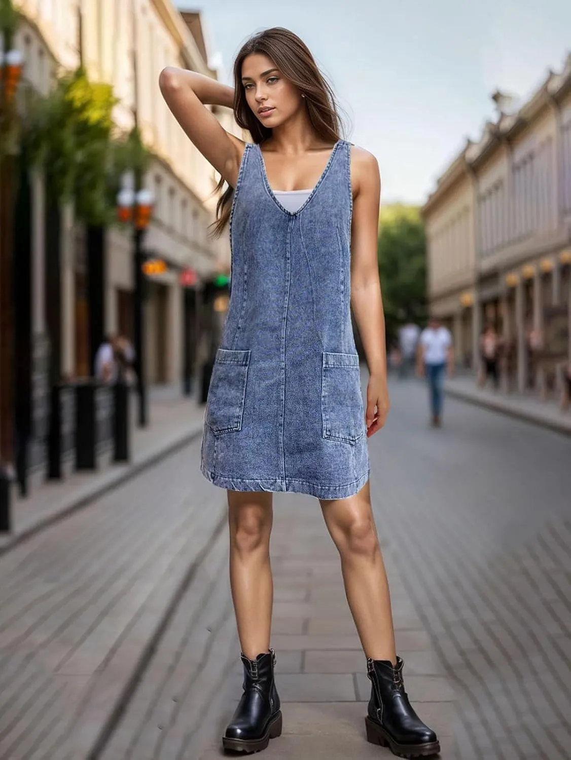 Viatabuna Denim Overall Dress for Women Sleeveless V Neck Adjustable Strap Mini Jean Jumper Dress with Pockets Summer Beach