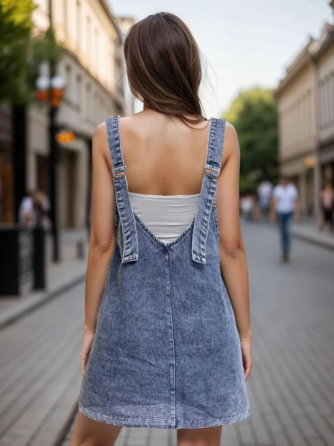 Viatabuna Denim Overall Dress for Women Sleeveless V Neck Adjustable Strap Mini Jean Jumper Dress with Pockets Summer Beach