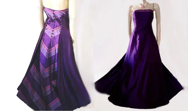 VINTAGE VICTOR COSTA FOR NEIMAN MARCUS SILVER, MULBERRY & PURPLE EVENING BALL GOWN