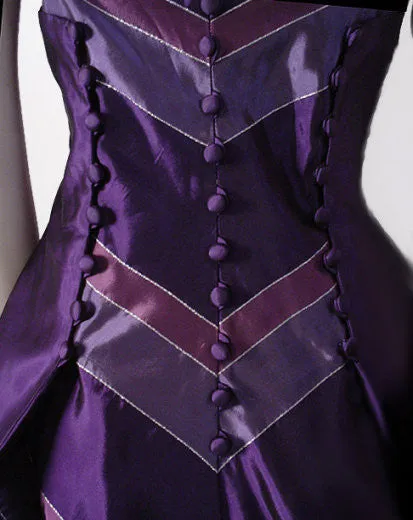 VINTAGE VICTOR COSTA FOR NEIMAN MARCUS SILVER, MULBERRY & PURPLE EVENING BALL GOWN