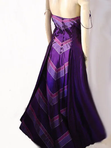VINTAGE VICTOR COSTA FOR NEIMAN MARCUS SILVER, MULBERRY & PURPLE EVENING BALL GOWN